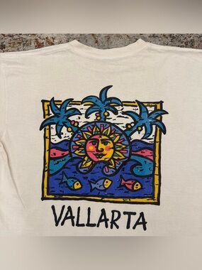 Vintage Vallarta Mexico Graphic Tee Shirt Cream Off White Mens Large
